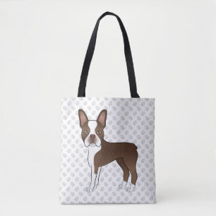 Bolsa Tote Marrom e White Boston Terrier Cartoon Dog & Paws