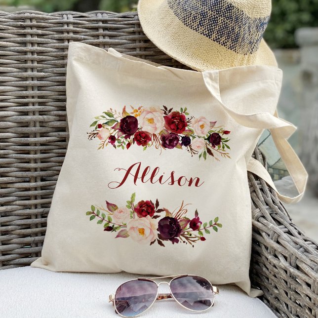 Bolsa Tote Marsala borgonha floral Dama de honra Personalizad (Criador carregado)
