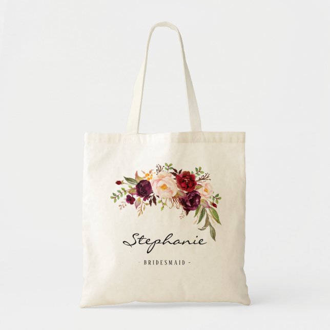 Bolsa Tote Marsala burgundy floral Bridesmaid Personalizado (Frente)