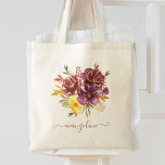 Bolsa Tote Marsala Burgundy Watercolor Floral Personalizado<br><div class="desc">Linda bolsa de tote de cor d'água feita à mão,  roxo e flor de marrom,  com seu nome de caligrafia manuscrito.</div>