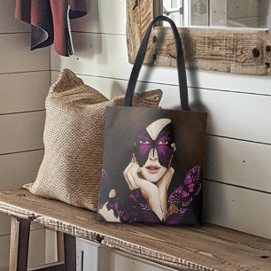 Bolsa Tote Máscara de Borboleta Roxa Mulher Elegante Fantasia