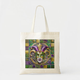 Bolsa Tote Máscara de Jester do Mardi Gras Roxa Verde Dourada