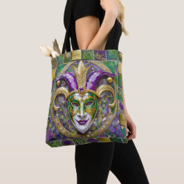 Bolsa Tote Máscara de Jester Mardi Gras Roxo Verde Dourado