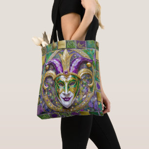 Bolsa Tote Máscara de Jester Mardi Gras Roxo Verde Dourado