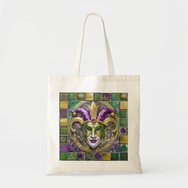 Bolsa Tote Máscara de Jester Mardi Gras Roxo Verde Dourado (Frente)