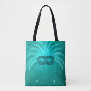 Bolsa Tote Máscara de máscara de penas azul turquesa vintage 