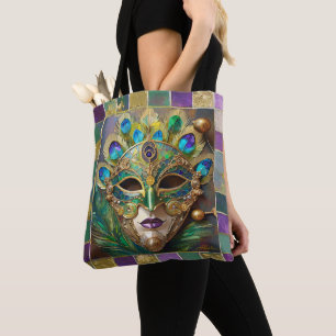 Bolsa Tote Máscara de Pena de Pavão Cerâmico Dourado de Mardi