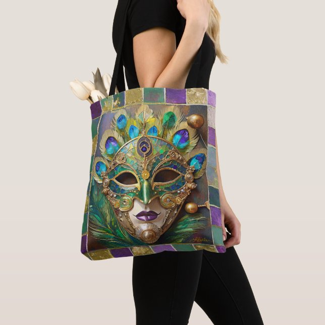 Bolsa Tote Máscara de Pena de Pavão Cerâmico Dourado de Mardi (Close Up)