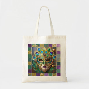 Bolsa Tote Máscara de Pena de Pavão Cerâmico Dourado de Mardi