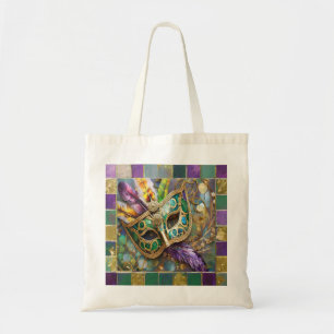 Bolsa Tote Máscara de Penas Coloridas Verde e Dourado do Mard