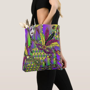 Bolsa Tote Máscaras de penas psicodélicas de Mardi Gras