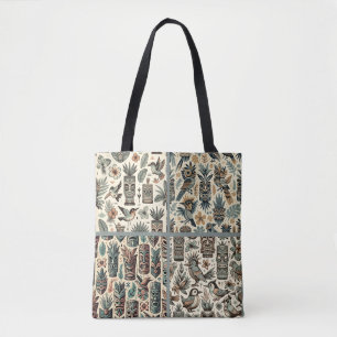 Bolsa Tote Máscaras e Pássaros Tiki Tropicais Vintage Cinza V