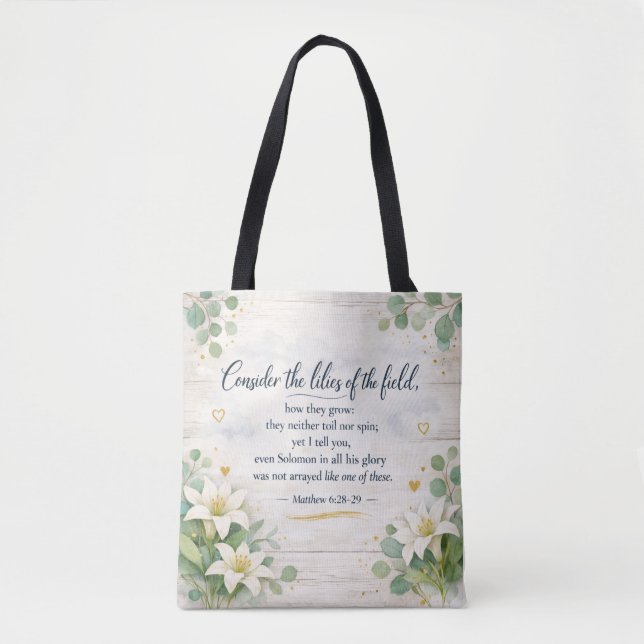 Bolsa Tote Mateus 6:28-29 - Casa de Campo Rústica Aquarela (Frente)