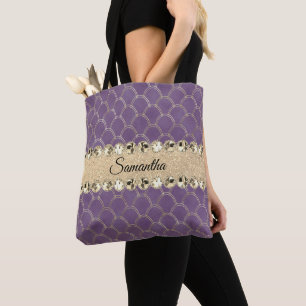 Bolsa Tote Matilha Diamante de Folha Roxa e Dourada
