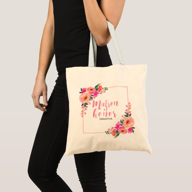 Bolsa Tote Matrimônio Floral Rosa Rosa Rústico da Honra (Frente (produto))