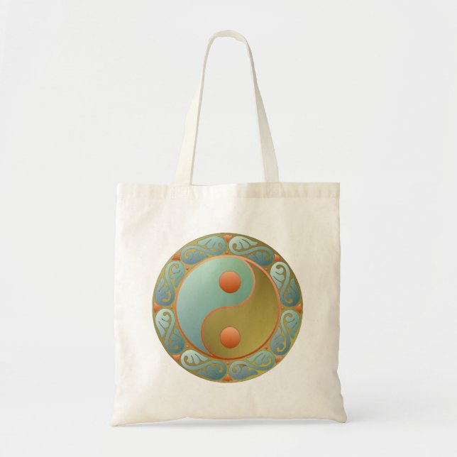 Bolsa Tote Medalhão Dourado Yin Yang Turquesa (Frente)