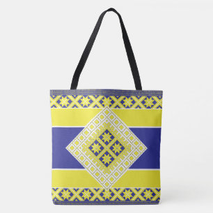 Bolsa Tote Medalhão geométrico amarelo-azul-popular letão