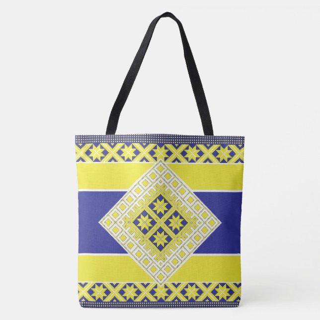 Bolsa Tote Medalhão geométrico amarelo-azul-popular letão (Frente)