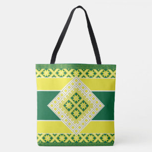 Bolsa Tote Medalhão geométrico verde-amarelo-fole letão