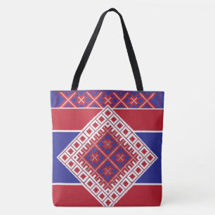 Bolsa Tote Medalhão geométrico, vermelho e azul, da arte popu