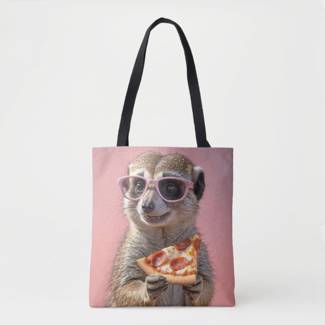 Bolsa Tote Meerkat bonito com óculos e pizza (Frente)
