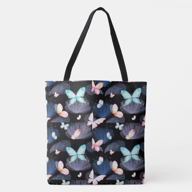 Bolsa Tote Meia-noite Borboletas em Voo (Frente)