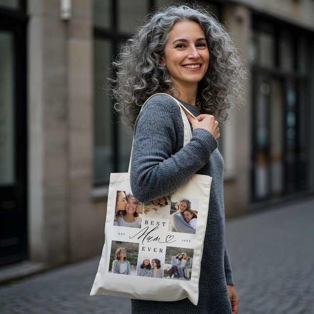 Bolsa Tote Melhor Colagem de Foto Coração de Script Elegante  (Best Mum Ever Elegant Script Heart Photo Collage Tote Bag)