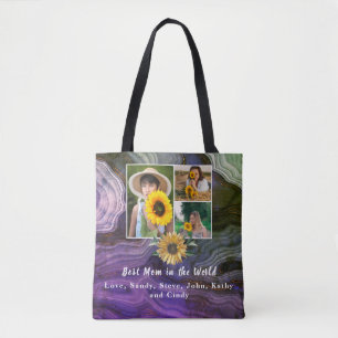 Bolsa Tote Melhor Colagem de Fotos da Mãe 3 Boho Mármore Roxo