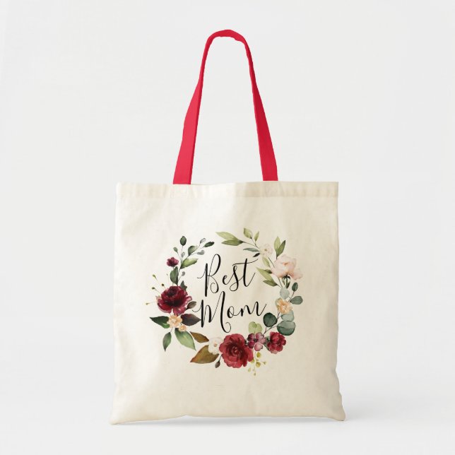 Bolsa Tote Melhor Mãe Aquarela Rosa Burgundy Floral Wreath (Frente)