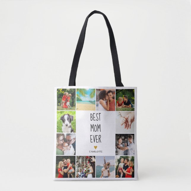 Bolsa Tote Melhor Mãe Colagem de Fotos do Coração Dourada (Frente)