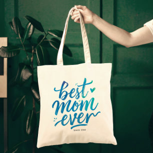 Bolsa Tote Melhor Mãe do Mundo Tipografia de Pincel Azul Eleg