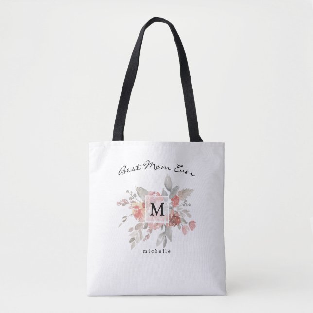 Bolsa Tote Melhor Mãe Elegante Monograma Floral Rosa Cor-de-R (Frente)