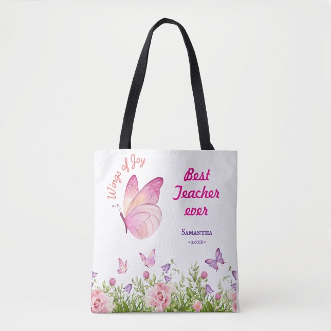 Bolsa Tote Melhor professor já personalizado borboleta rosa-r (Frente)