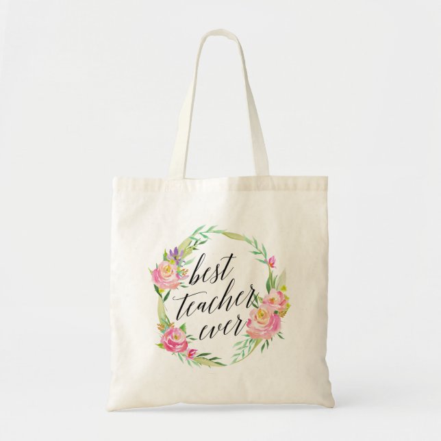 Bolsa Tote Melhor Professora bonito Alguma Vez Floral Wreath (Frente)