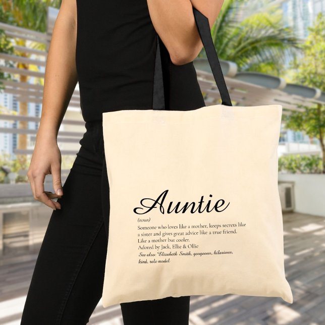 Bolsa Tote Melhor Tia do Mundo, Script de Definição de Tia (Aunt Auntie Personalized Definition Quote Script Tote Bag)