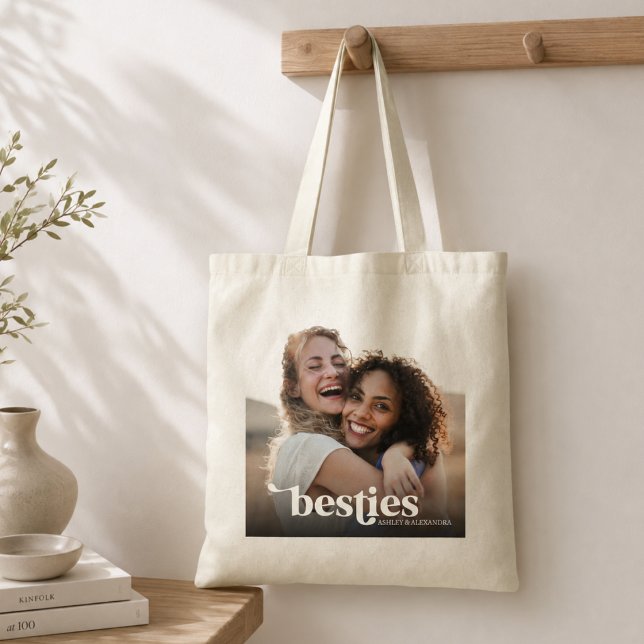 Bolsa Tote Melhores Amigas Foto Personalizada (elegant modern chic stylish typography besties custom photo tote bag gift for best friend)