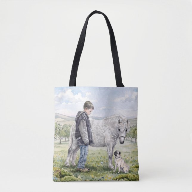 Bolsa Tote Melhores Amigos-Menino com Pônei e Cachorro em um  (Frente)