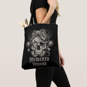 Bolsa Tote Memento Vivere Caveira Gótica com Cobra e Rosas