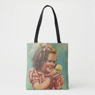 Bolsa Tote Menina Antiga com Frango Bebê, Criança Feliz Sorri