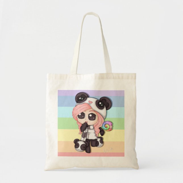 Bolsa Tote Menina bonito da panda do Anime do arco-íris (Frente)