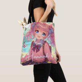 Bolsa Tote Menina bonito de anime em rabo-de-porco rosa