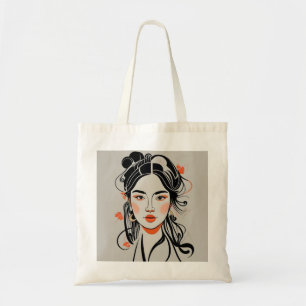 Bolsa Tote Menina chinesa desenhada com caneta de tinta preta