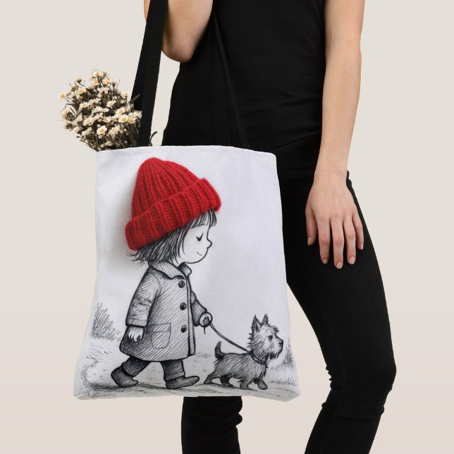 Bolsa Tote Menina com Chapéu Vermelho 3D Passeando com o Cach (Close Up)