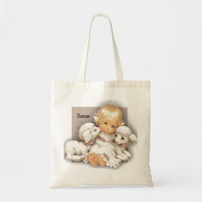 Bolsa Tote Menina com cordeiros - nome Tote Bag (Frente)