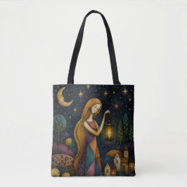 BOLSA TOTE MENINA COM LANTERNA SOB O CÉU ESTRELADO AZUL