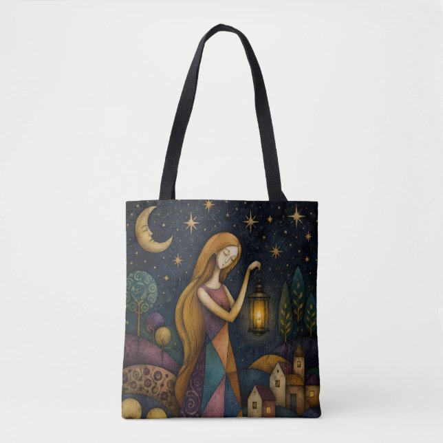 BOLSA TOTE MENINA COM LANTERNA SOB O CÉU ESTRELADO AZUL (Frente)