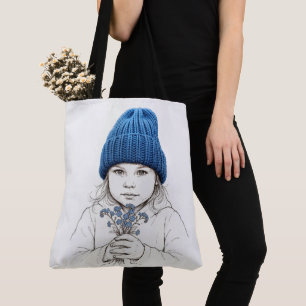 Bolsa Tote Menina com um Chapéu de Malha Azul