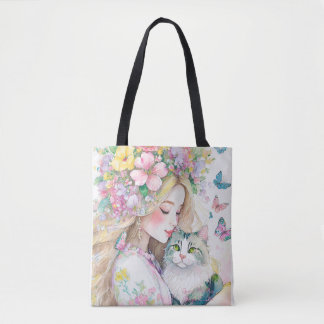 Bolsa Tote Menina da primavera com flores e gato