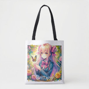 Bolsa Tote Menina de Animação e Borboleta de Aquarela Persona