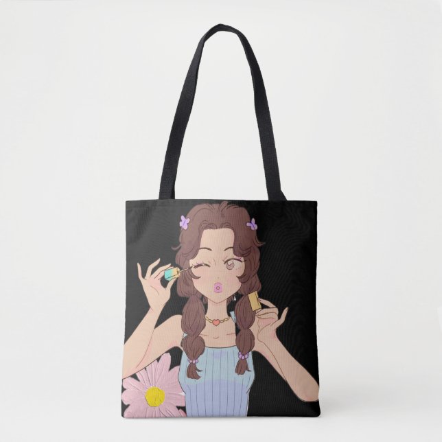 Bolsa Tote Menina de Anime Bonita Aplicando Rímel | Autoatend (Frente)